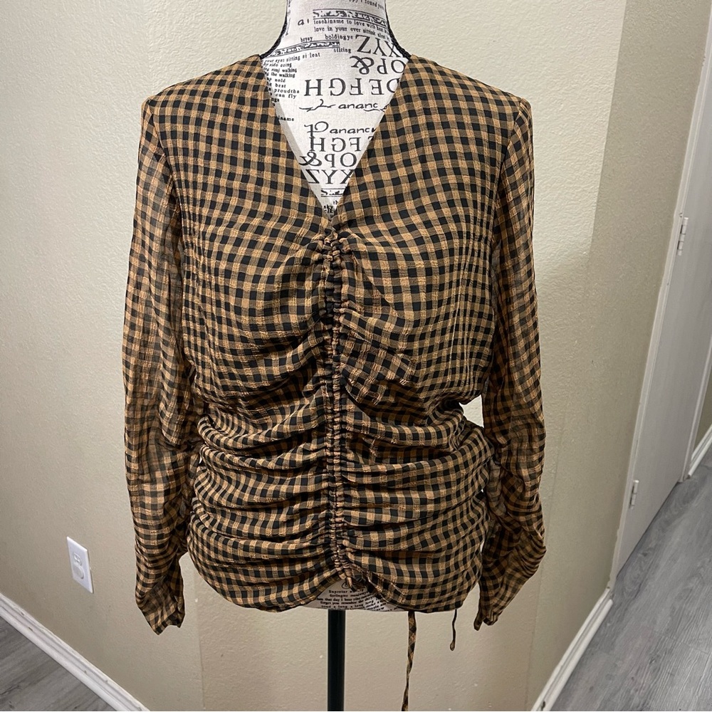 Calvin Klein Black and‎ Tan Checkered Blouse